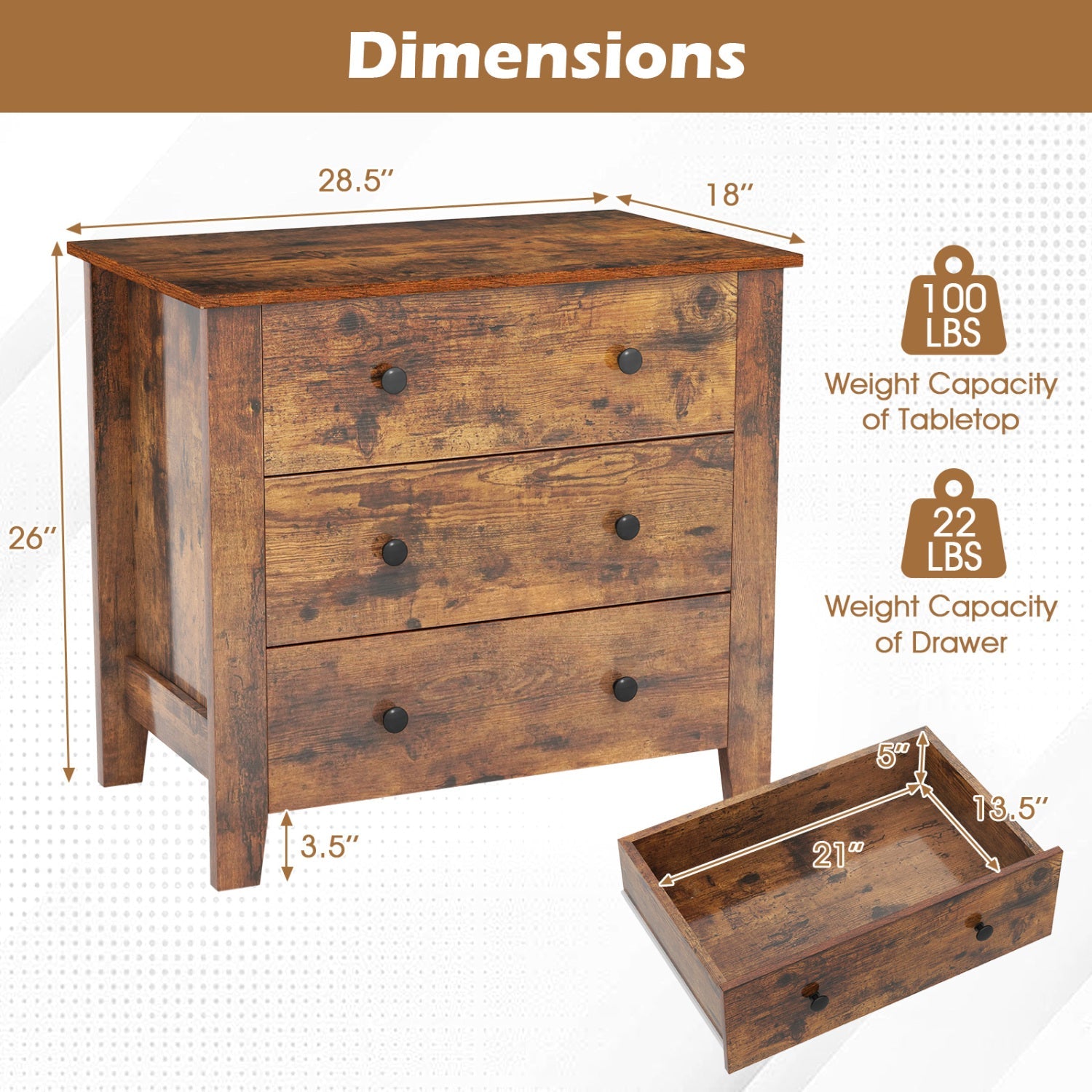 3-Drawer Dresser with Tapered Legs (2-Pack)