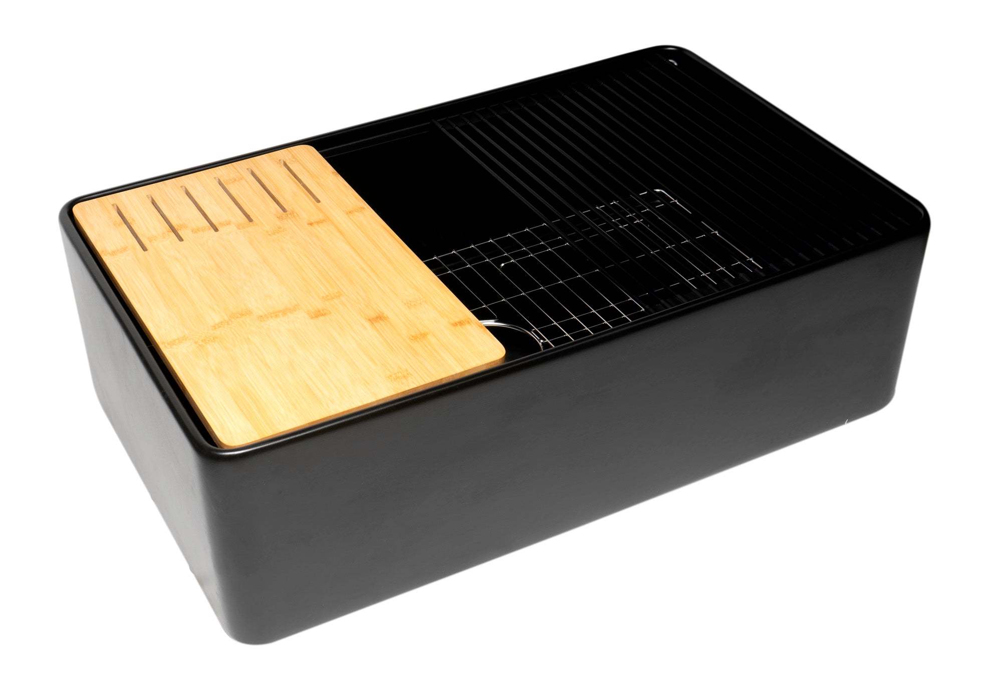 ALFI brand ABFS3320S-BM Black Matte Workstation 33 x 20 Single Bowl Step Rim Fireclay Farm Sink with Accessories