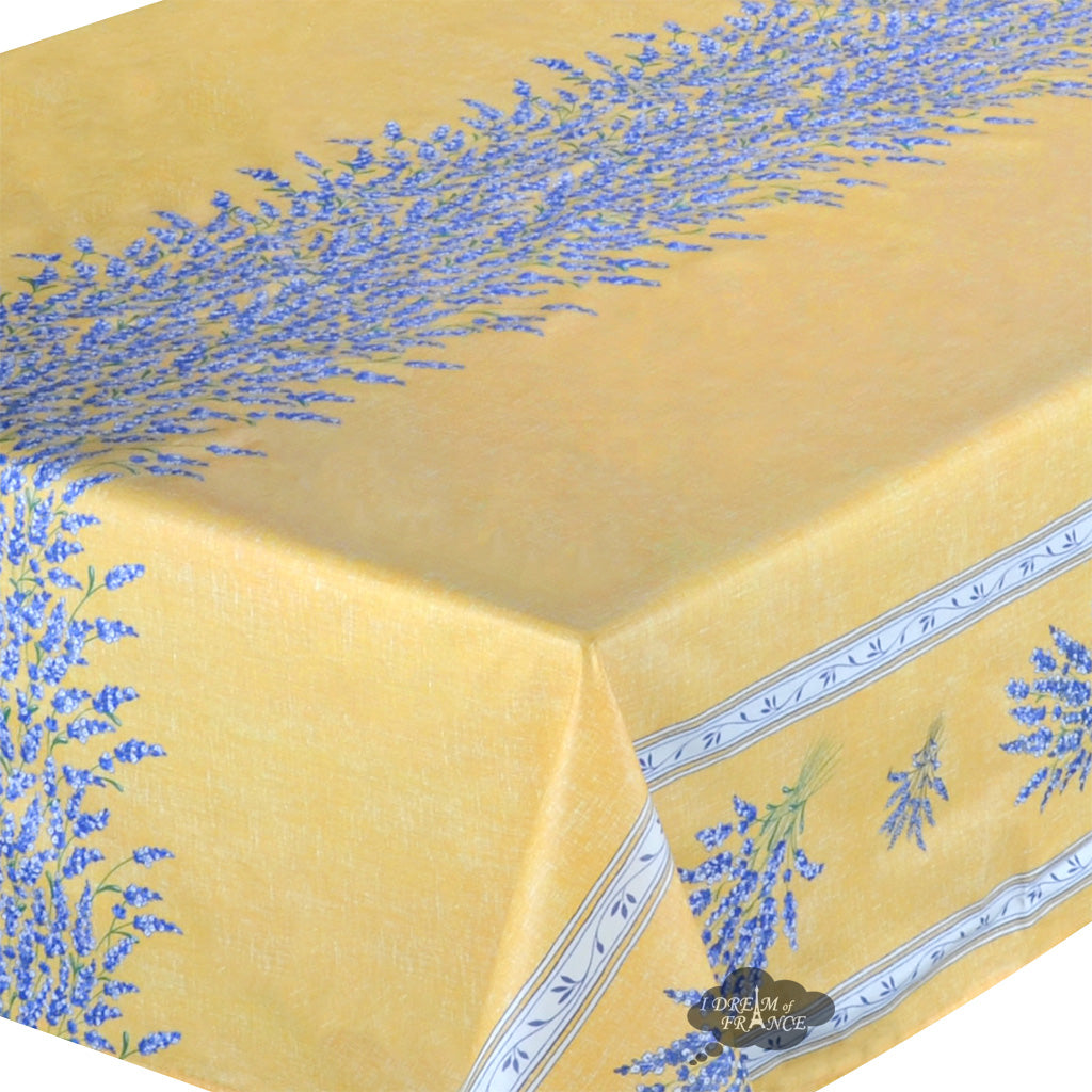 60x96" Rectangular Valensole Yellow Double Border Acrylic-Coated Cotton Tablecloth by Label France