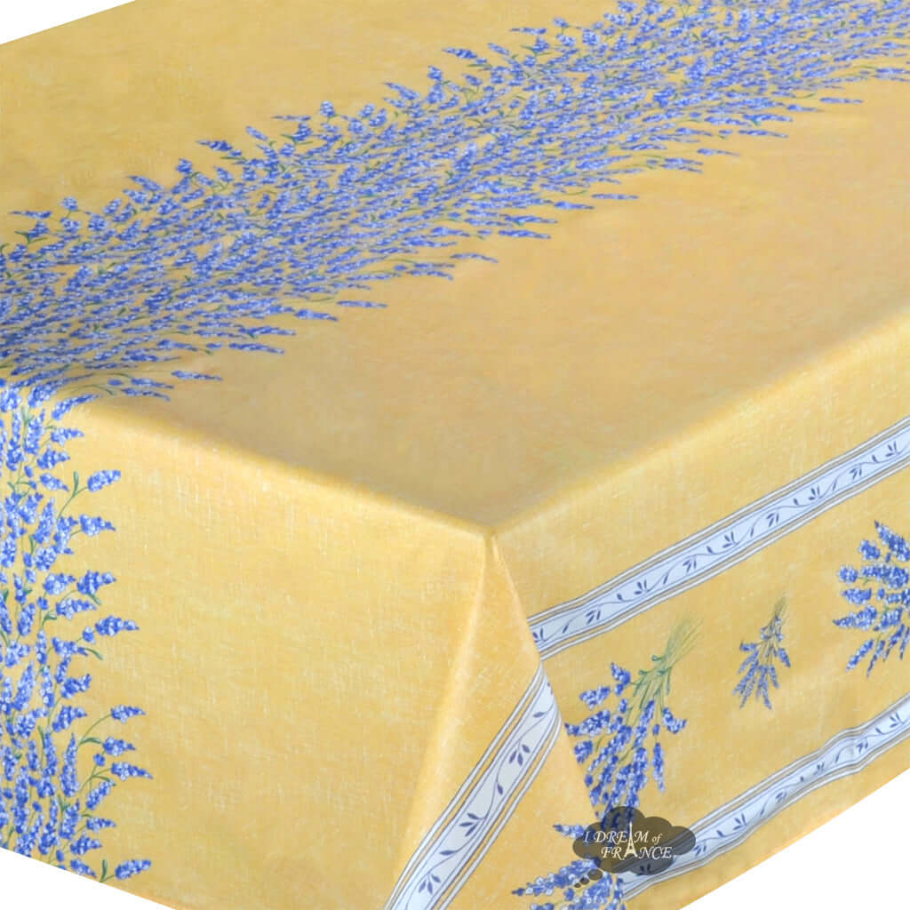 60x158" Rectangular Valensole Yellow Double Border Acrylic-Coated Cotton Tablecloth by Label France