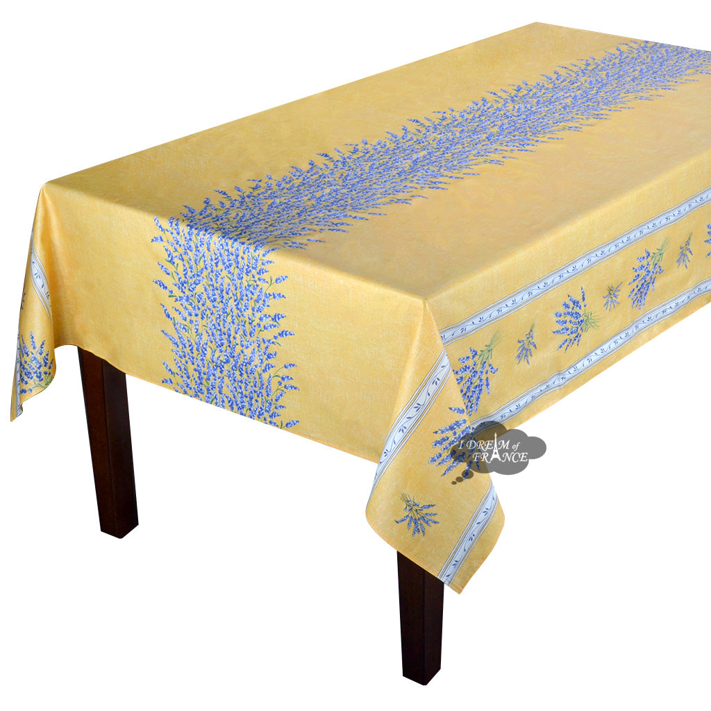 60x138" Rectangular Valensole Yellow Double Border Acrylic-Coated Cotton Tablecloth by Label France