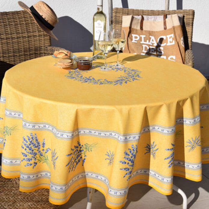 70" Round Valensole Yellow Acrylic-Coated Cotton Tablecloth by Label France