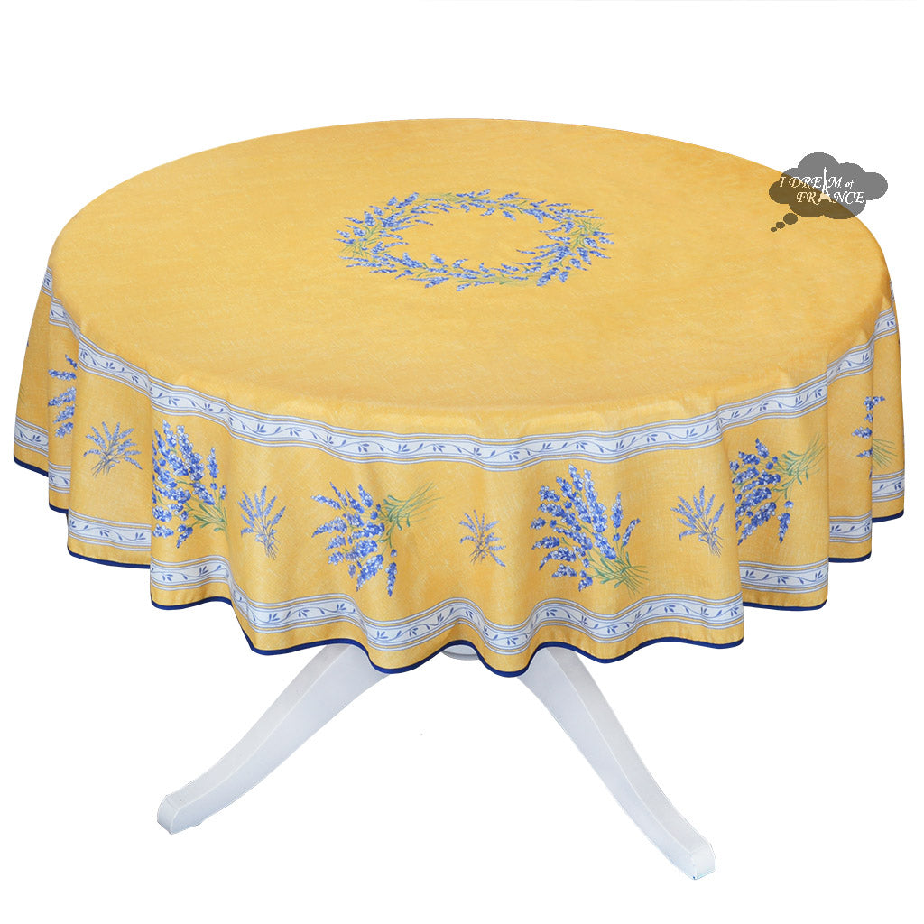 70" Round Valensole Yellow Acrylic-Coated Cotton Tablecloth by Label France