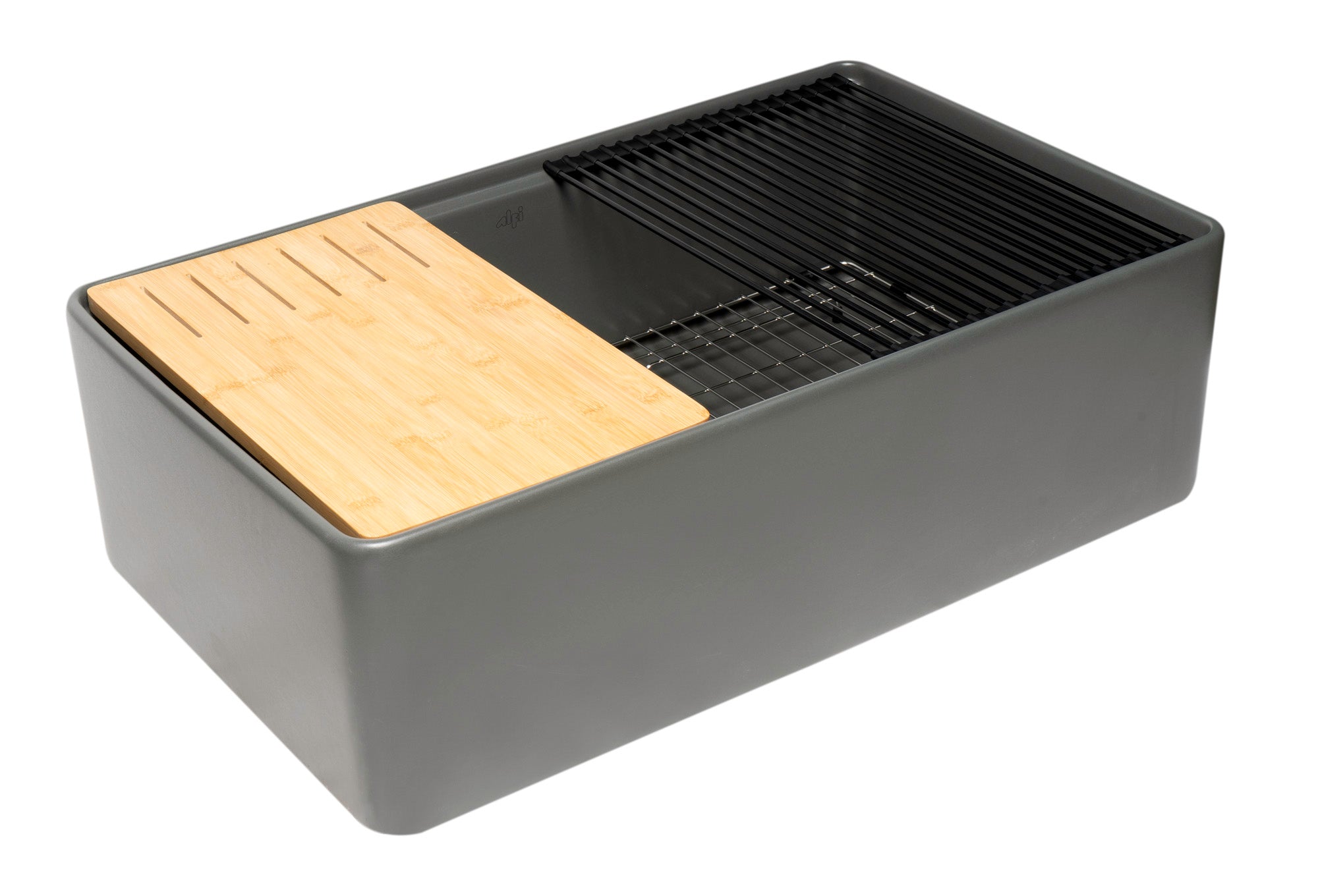 ALFI brand ABFS3320S-GM Grey Matte Workstation 33 x 20 Single Bowl Step Rim Fireclay Farm Sink with Accessories