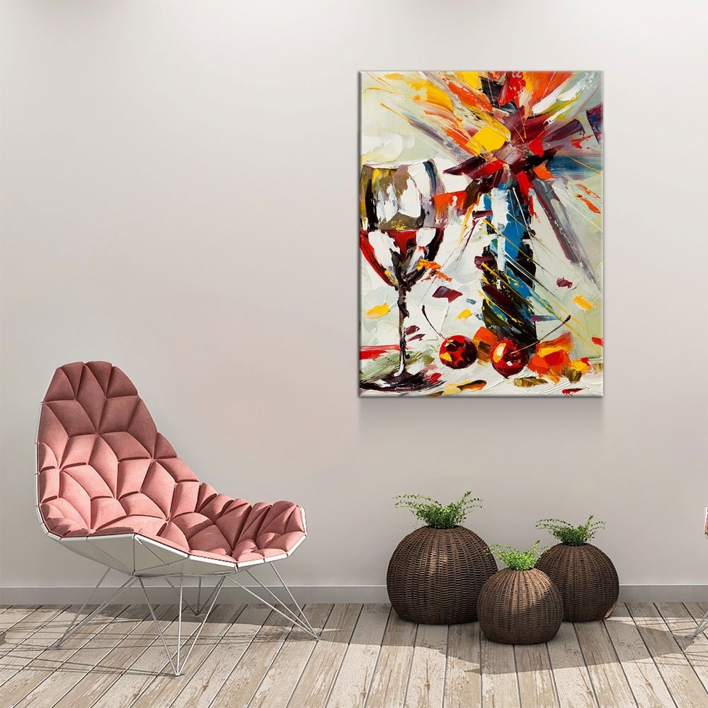 Wine And Flowers Abstract Canvas Wall Art, Wine Decor With Flowers, Abstract Wine Art, Kitchen Decor, Bar Decor