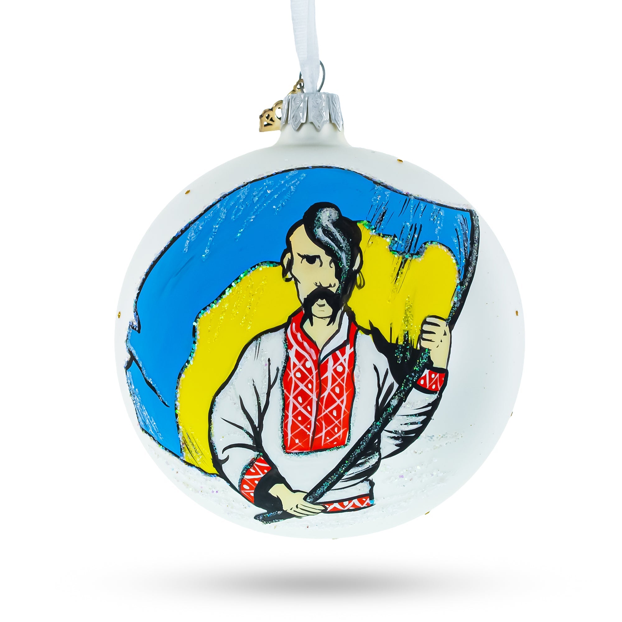 Kozak Carrying Ukrainian Flag Glass Ball Christmas Ornament 4 Inches