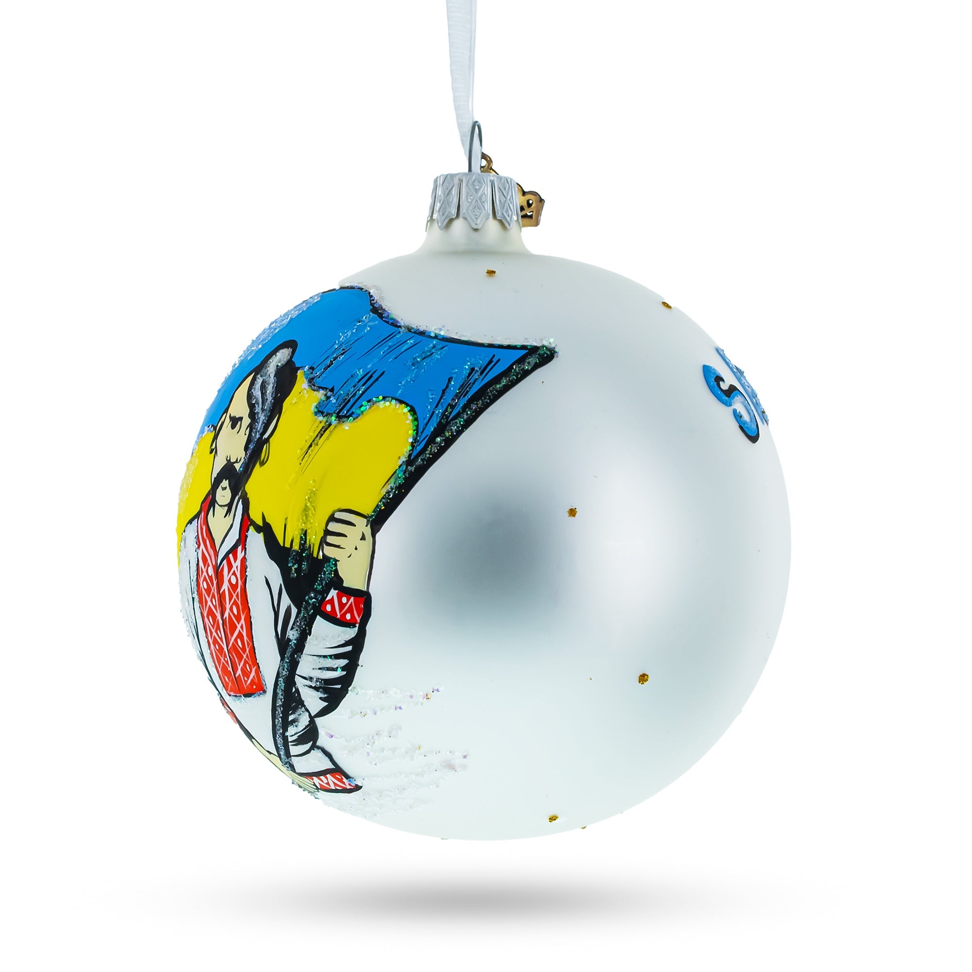 Kozak Carrying Ukrainian Flag Glass Ball Christmas Ornament 4 Inches