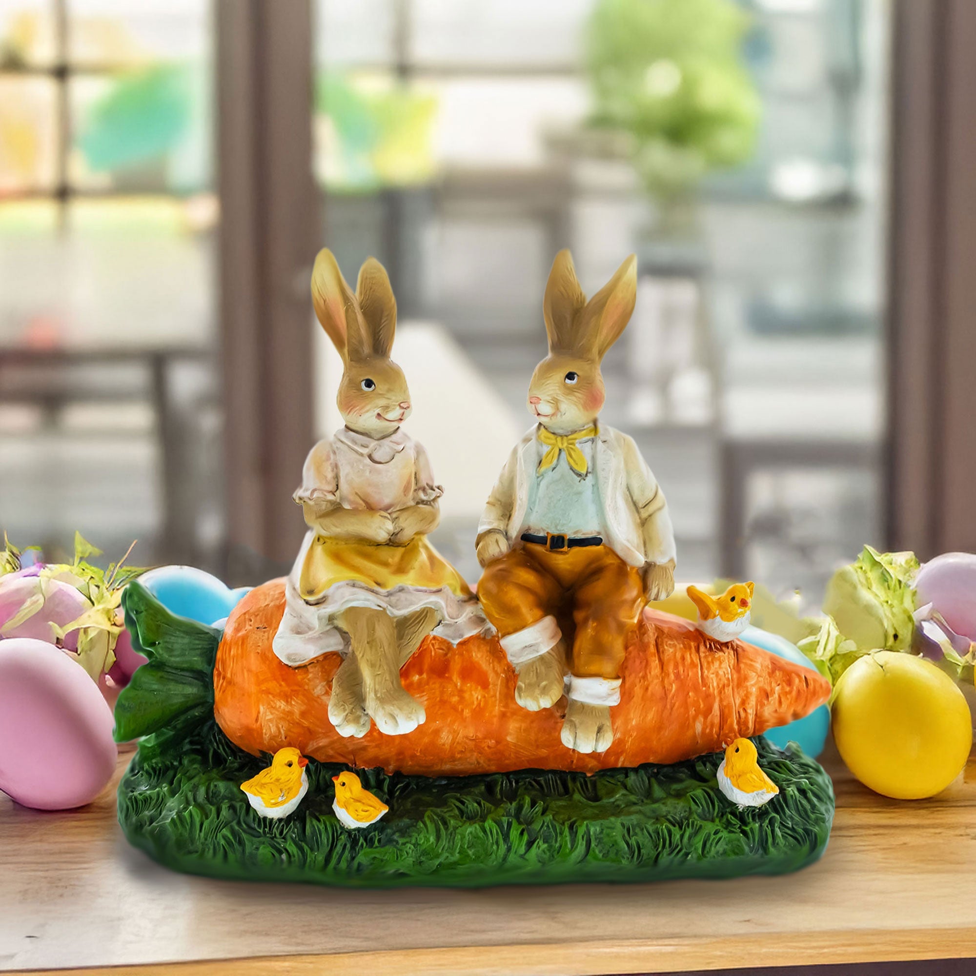 Romantic Easter Bunny Pair on Carrot with Chicks Spring Decor 6.3 Inches Tall