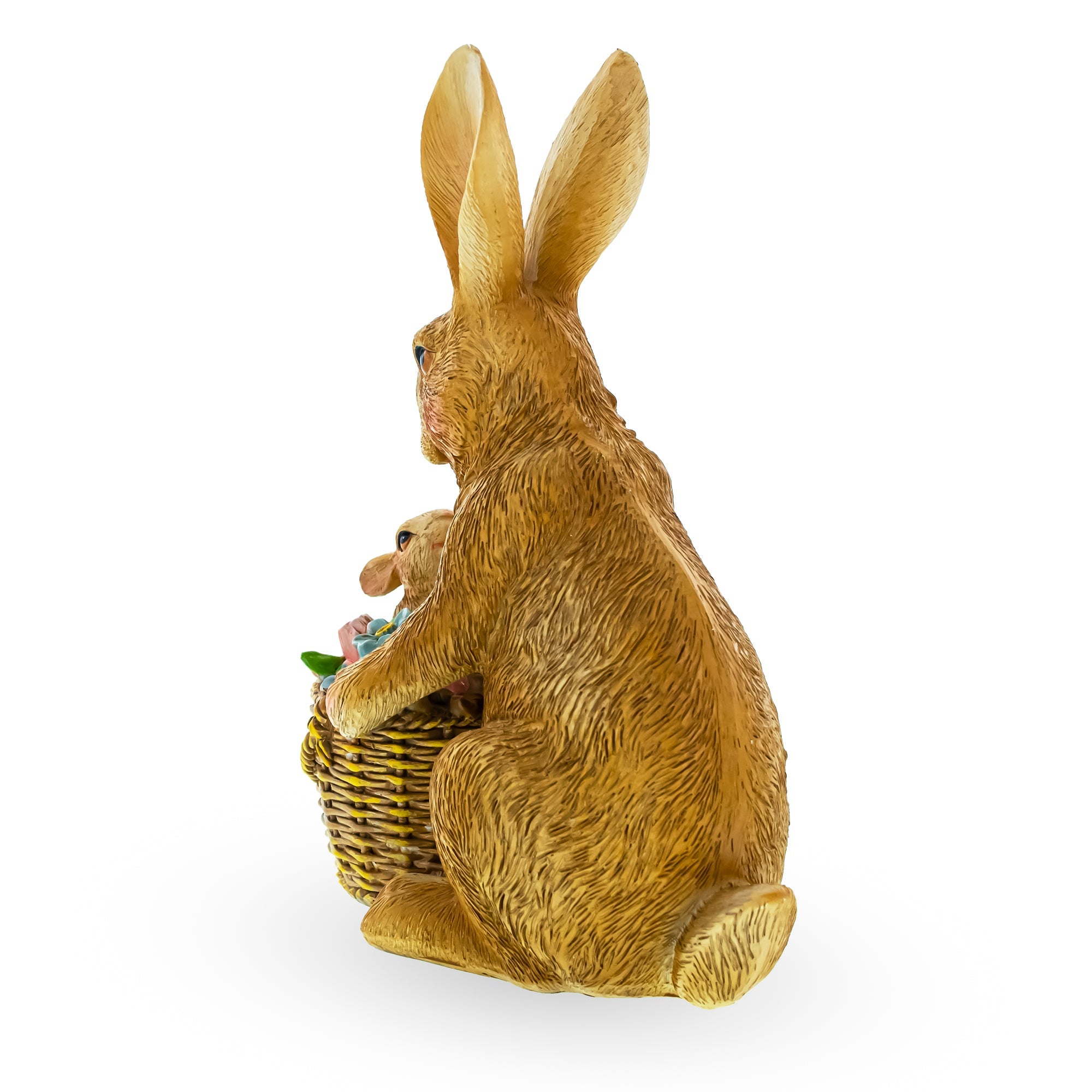 Mother & Baby Bunny Figurine Rustic Easter & Spring Decor with Floral Basket 7.4 Inches