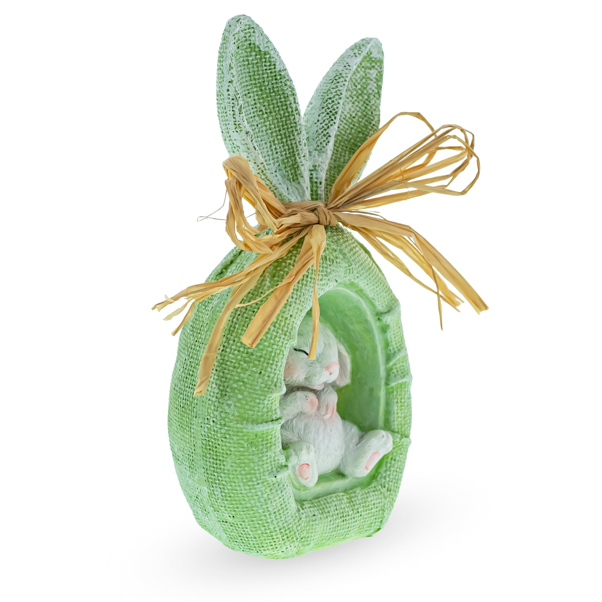 Rustic Bunny Nest Egg Decoration – Green Burlap Style Easter Ornament with Raffia Bow 6.2 Inches Tall