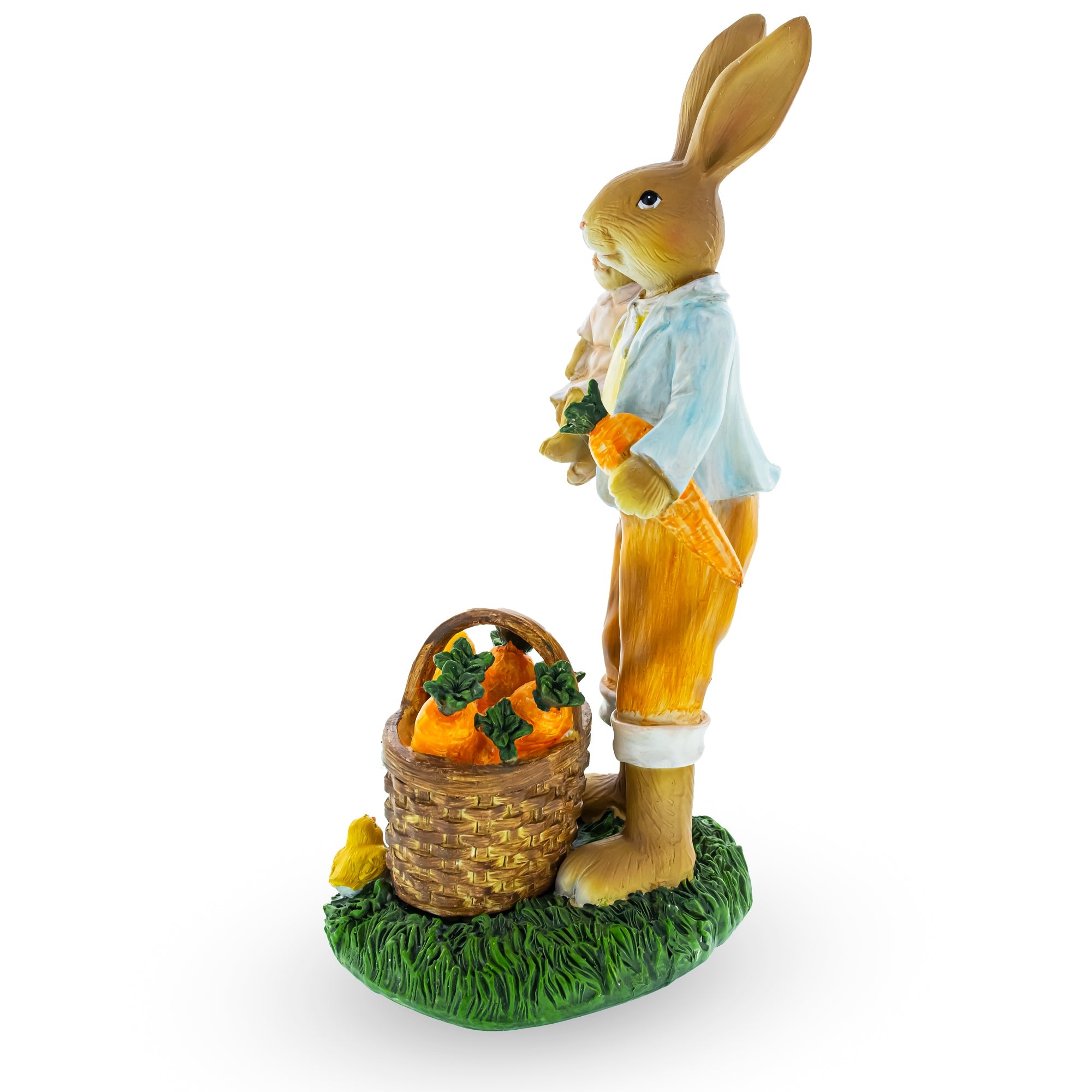 Father & Child Easter Bunny Figurine – Spring Rabbit Statue with Carrots and Chicks Spring Decor 11 Inches Tall