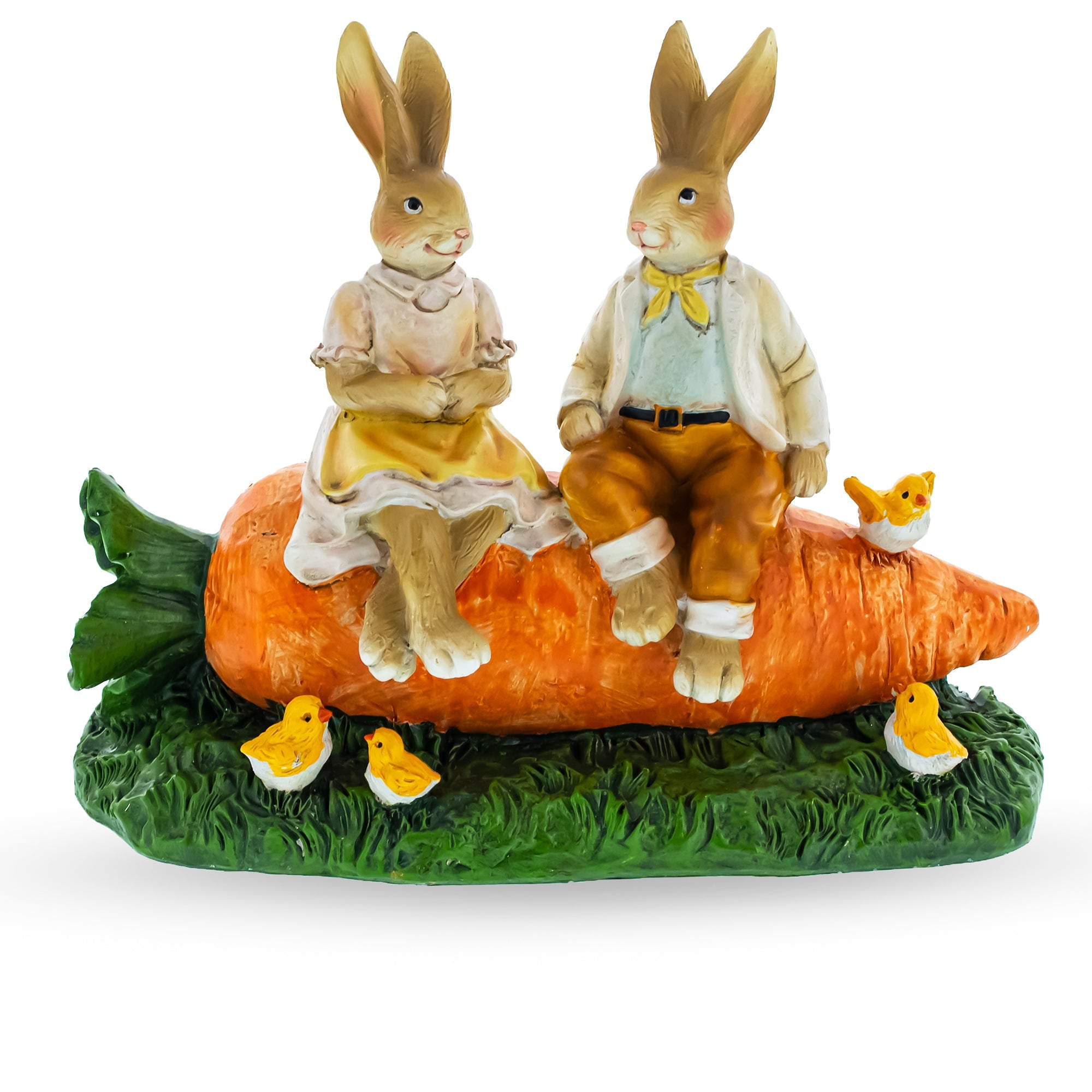 Romantic Easter Bunny Pair on Carrot with Chicks Spring Decor 6.3 Inches Tall