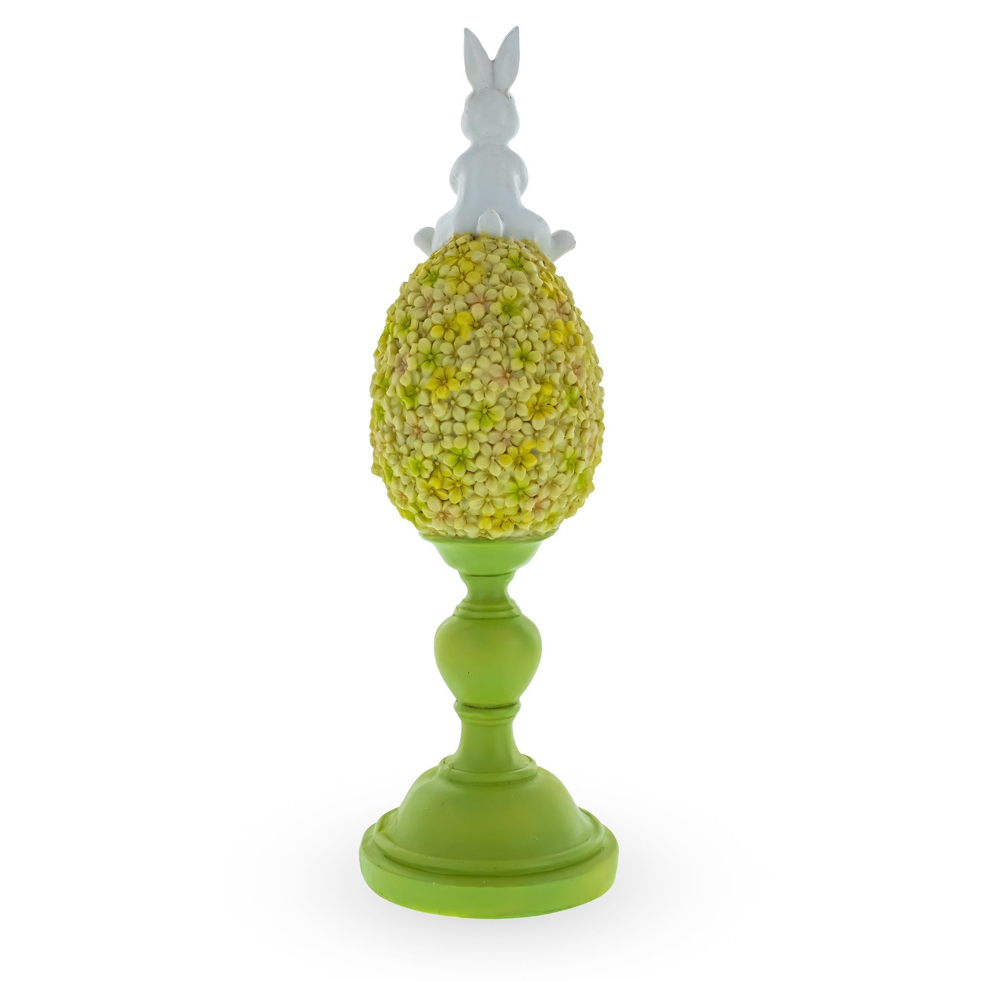 Spring Bunny Sitting on Textured Flower Easter Egg Display Stand 11.4 Inches Tall