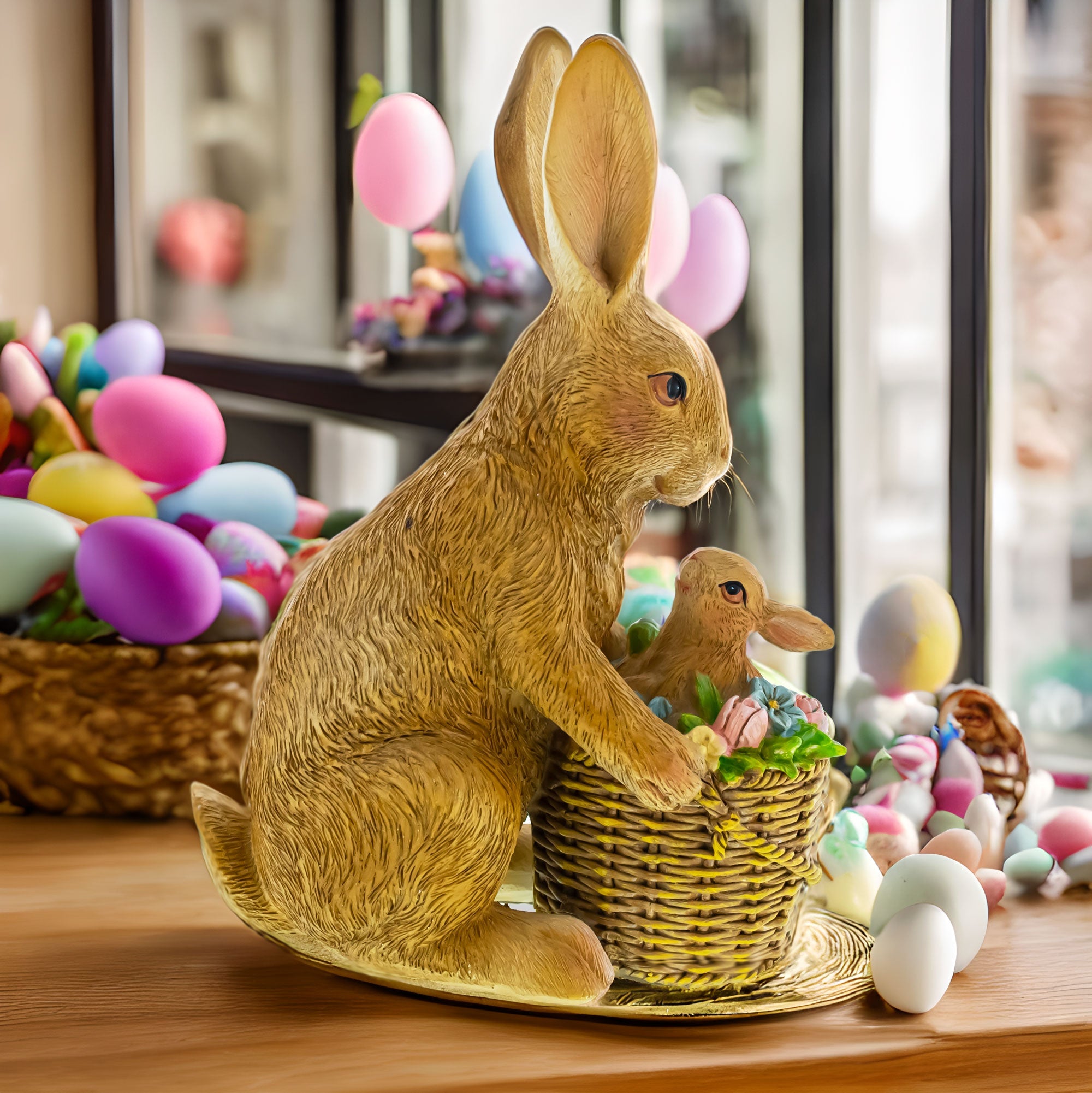 Mother & Baby Bunny Figurine Rustic Easter & Spring Decor with Floral Basket 7.4 Inches
