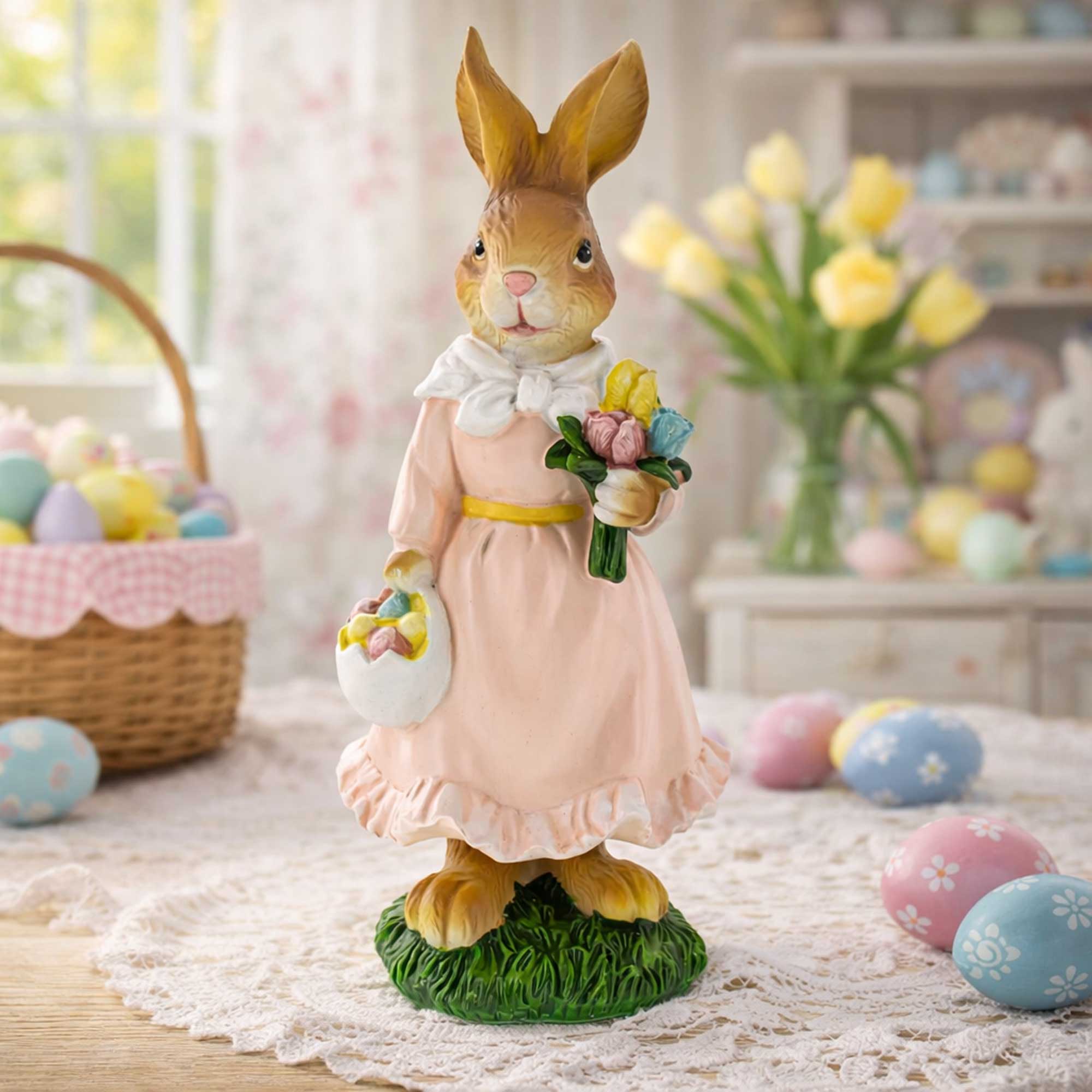 Easter Bunny Figurine with Flowers - Spring Rabbit Decor 8.7 Inches