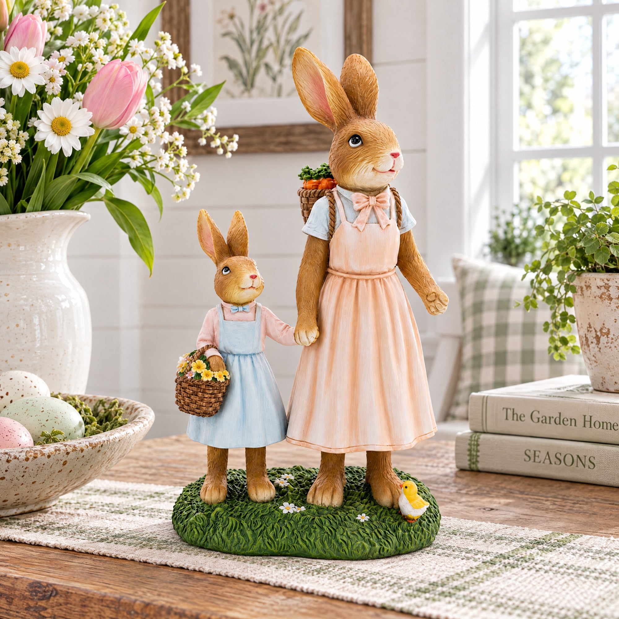 Easter Bunny Mother and Child Figurine - Spring Home Decor 11 Inches