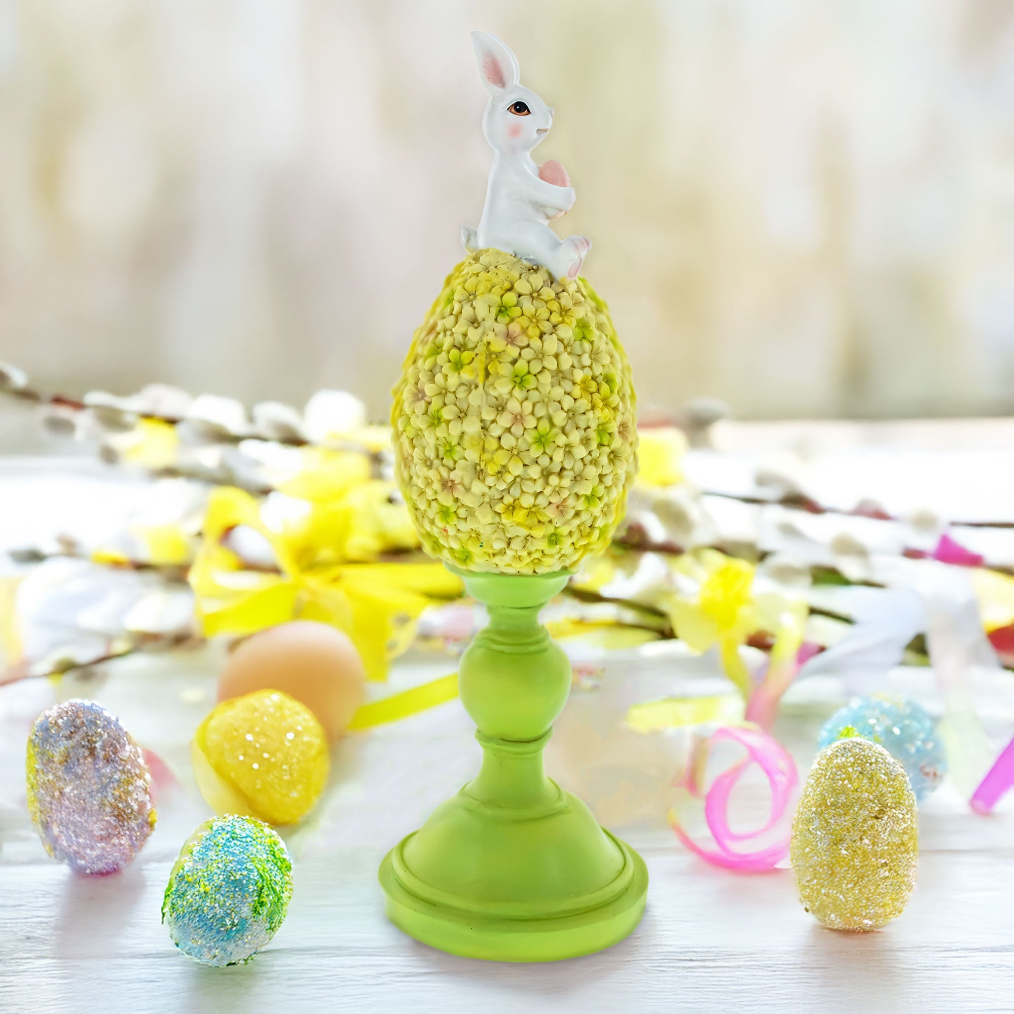 Spring Bunny Sitting on Textured Flower Easter Egg Display Stand 11.4 Inches Tall