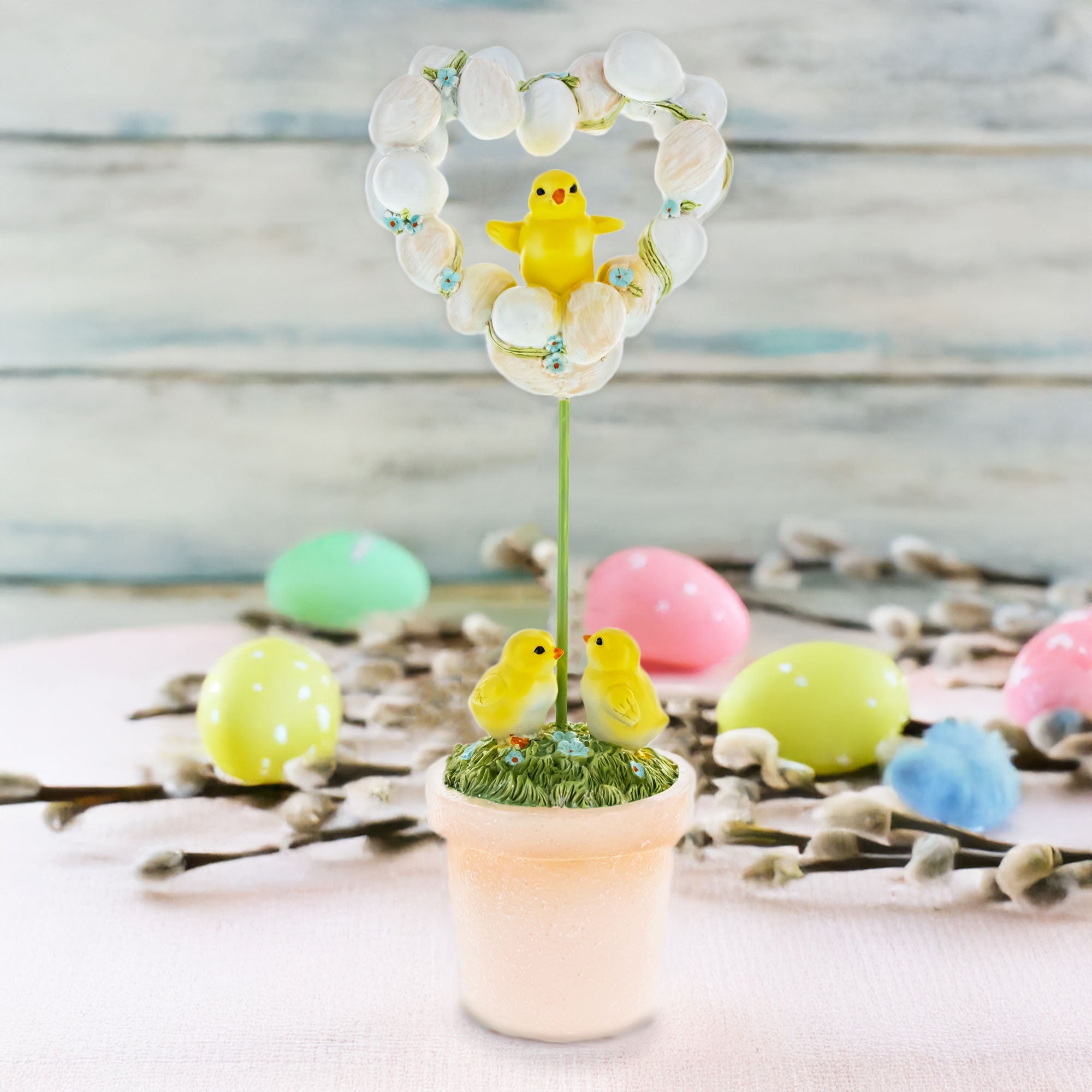 Easter Chick Heart Egg Topiary Figurine - Tabletop Spring Decor 12.5 Inches