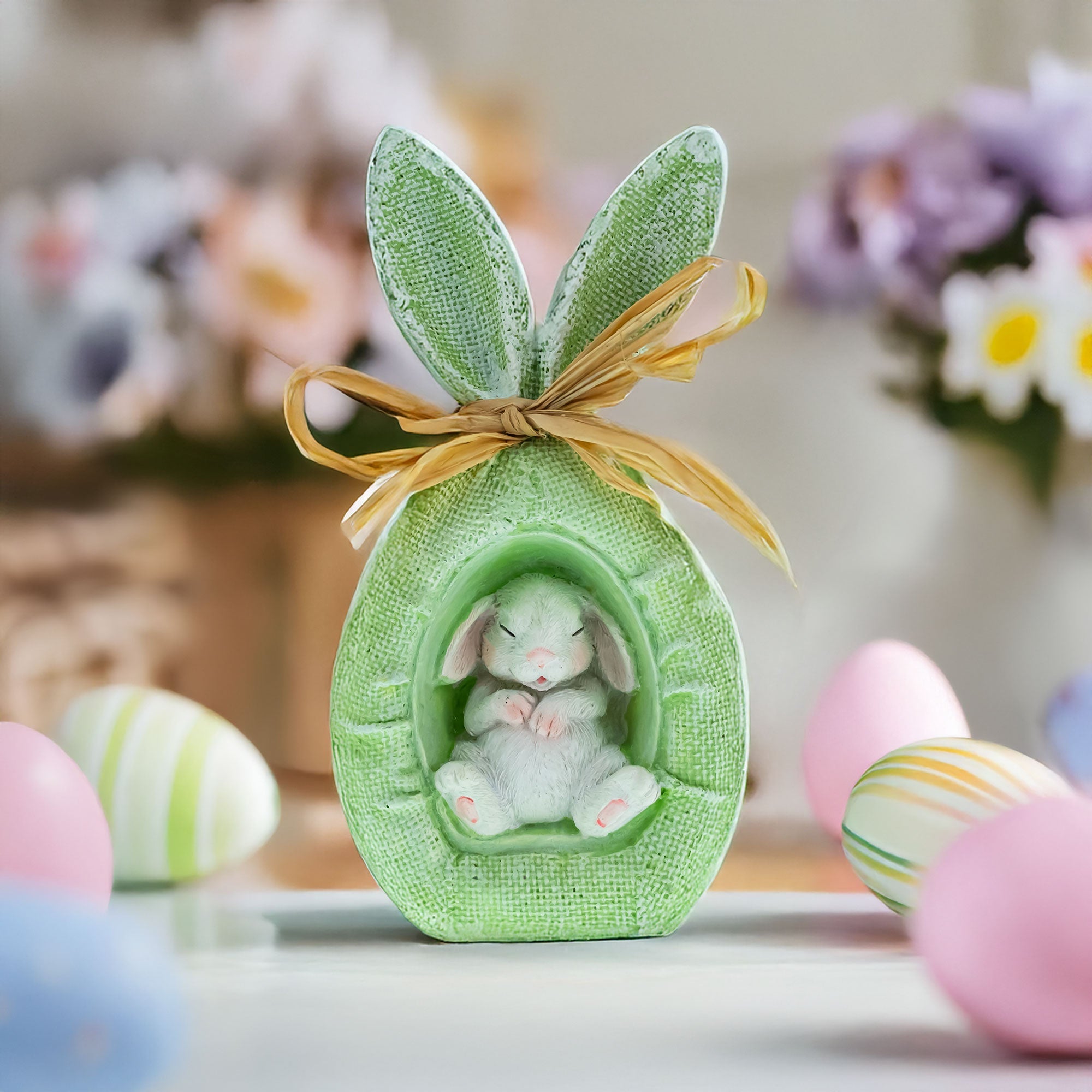 Rustic Bunny Nest Egg Decoration – Green Burlap Style Easter Ornament with Raffia Bow 6.2 Inches Tall