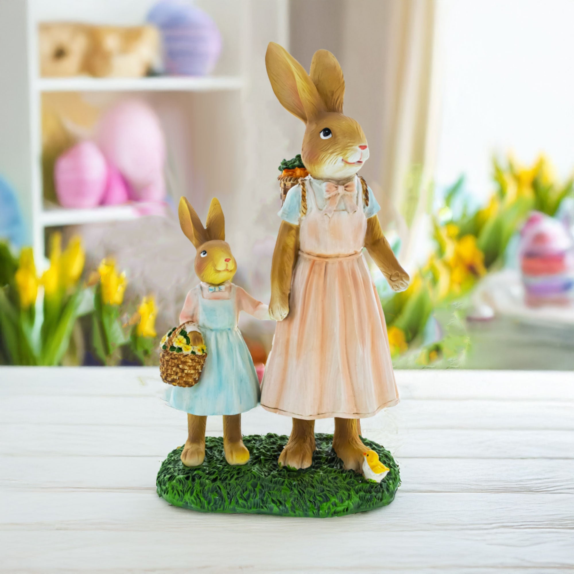 Easter Bunny Mother and Child Figurine - Spring Home Decor 11 Inches