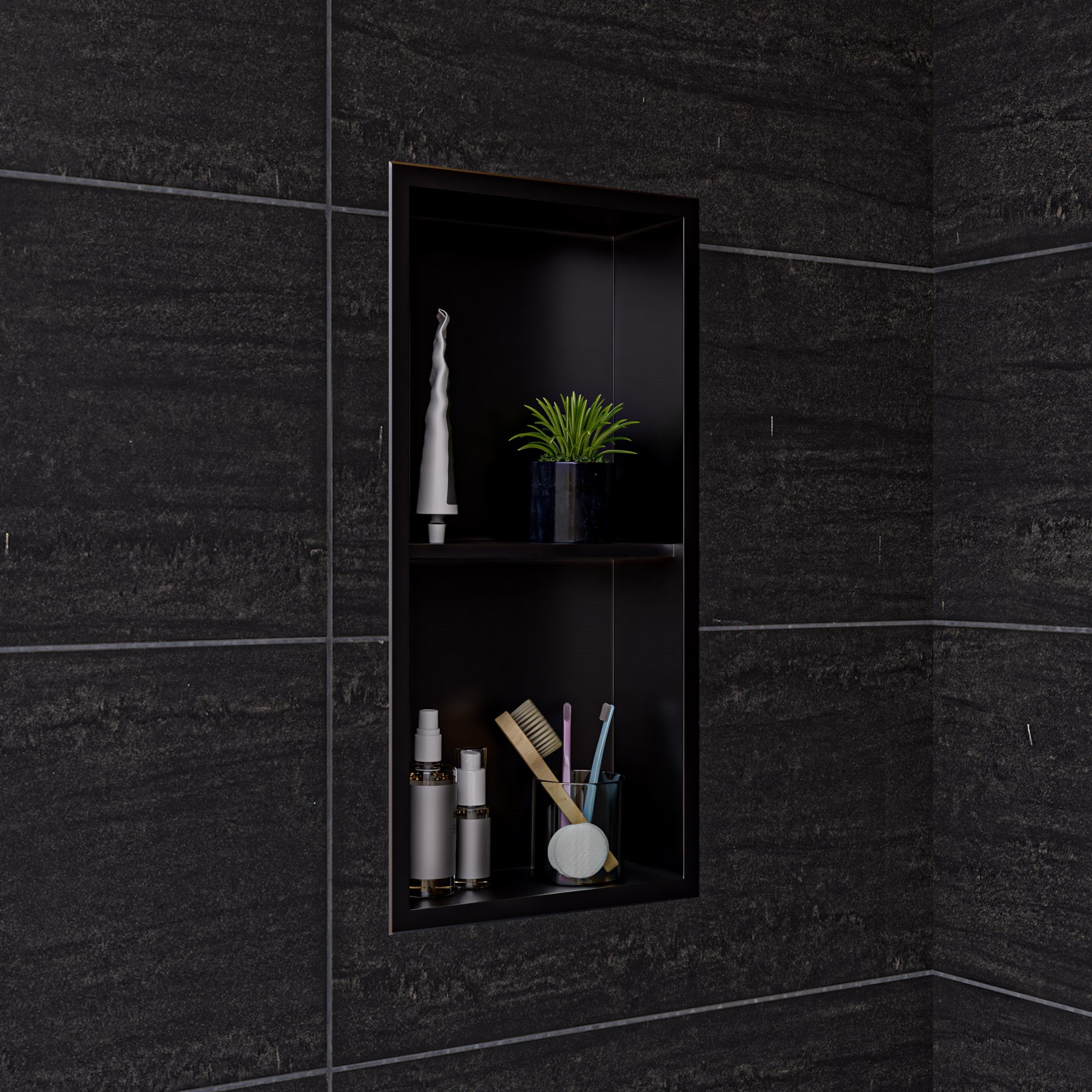 ALFI brand ABNP1224-BB 12 x 24 Brushed Black PVD Stainless Steel Vertical Double Shelf Shower Niche