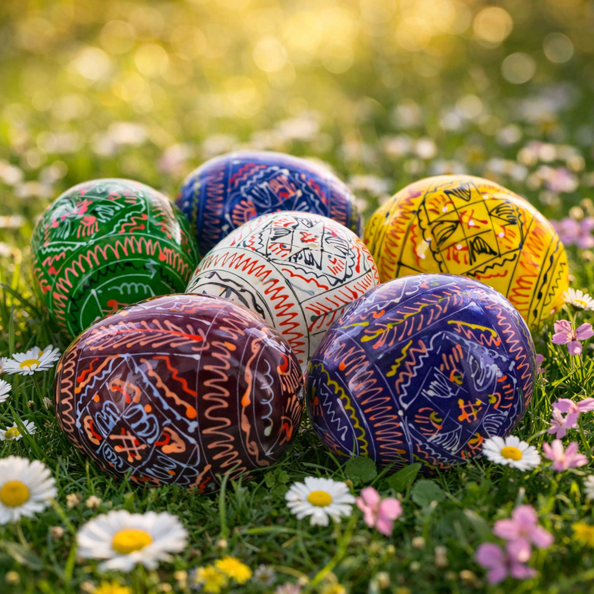6 Hand Painted Geometric Ukrainian Wooden Easter Eggs Pysanky