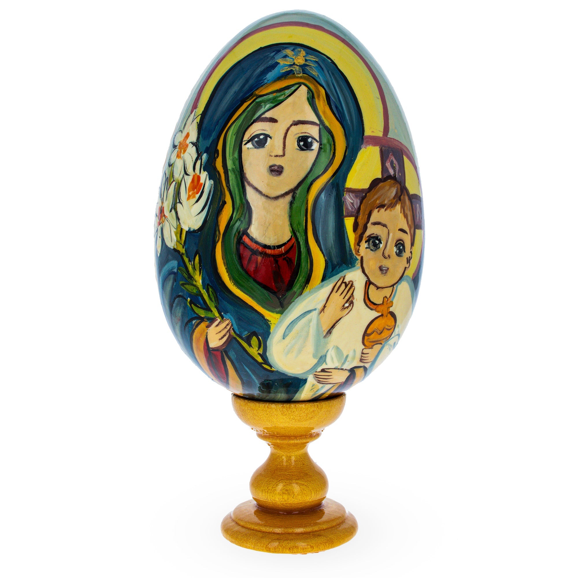 Mary and Jesus Large Wooden Hand Painted Icon Easter Egg