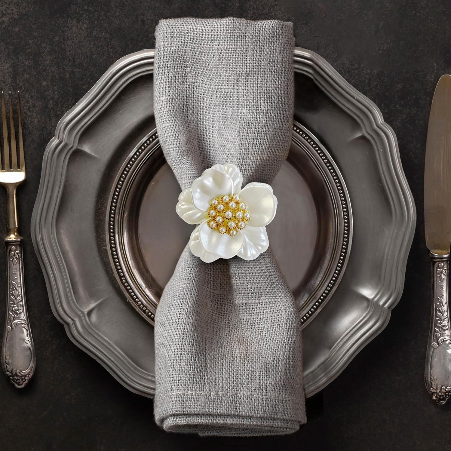 Floral Whisper – Napkin Rings in White Gold Floral Design, Artistic Decorative Dining Table Décor