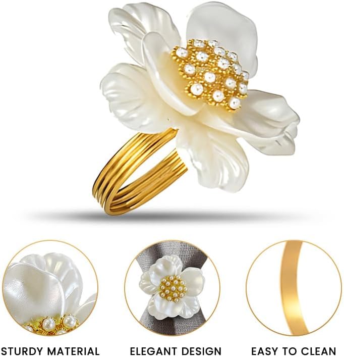 Floral Whisper – Napkin Rings in White Gold Floral Design, Artistic Decorative Dining Table Décor