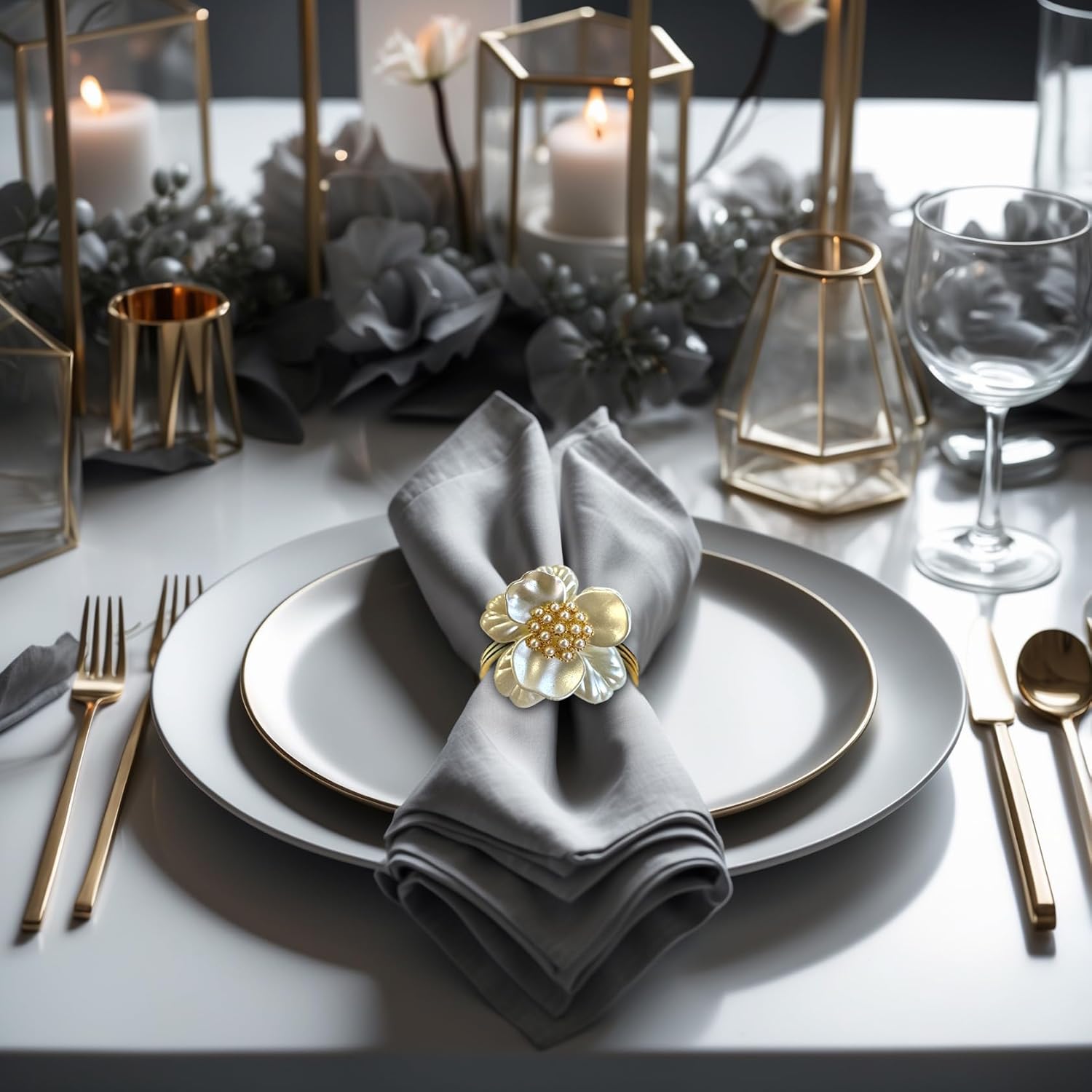 Floral Whisper – Napkin Rings in White Gold Floral Design, Artistic Decorative Dining Table Décor