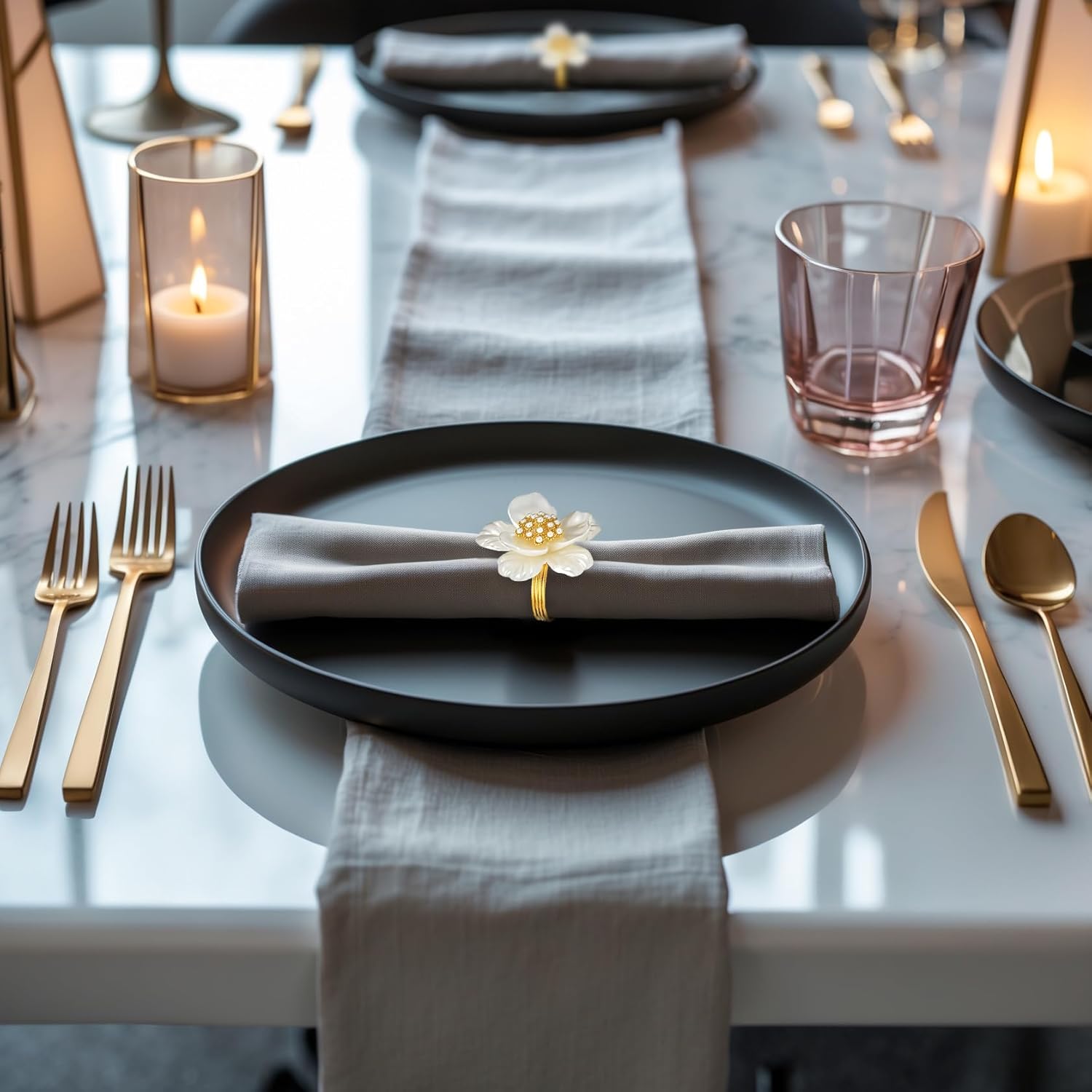 Floral Whisper – Napkin Rings in White Gold Floral Design, Artistic Decorative Dining Table Décor