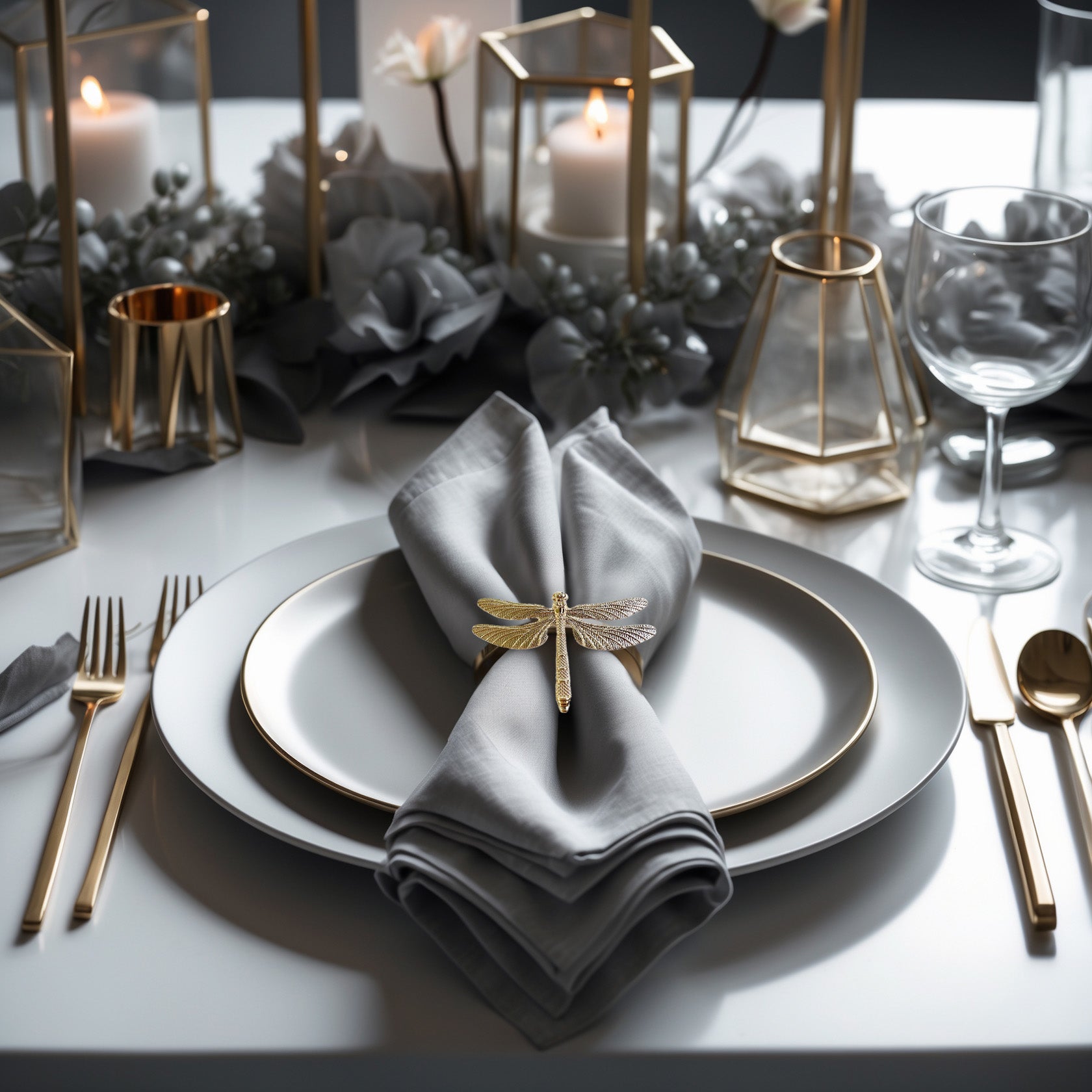 Golden Wings – Napkin Rings in Gold Dragon Fly Design, Elegant Decorative Dining Table Décor