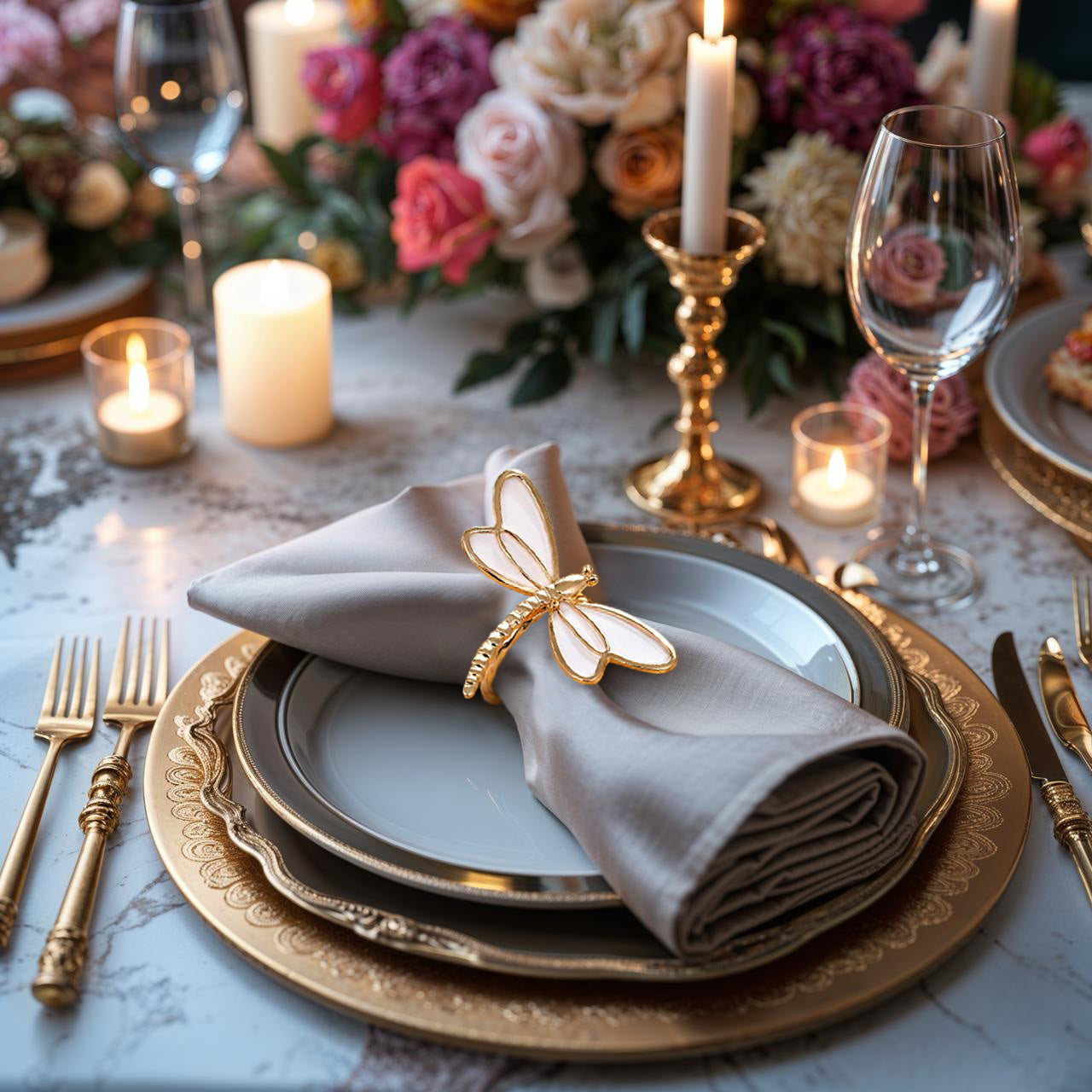 Ivory Flight – Napkin Rings in Gold White Dragon Fly Design, Artistic Decorative Dining Table Accent
