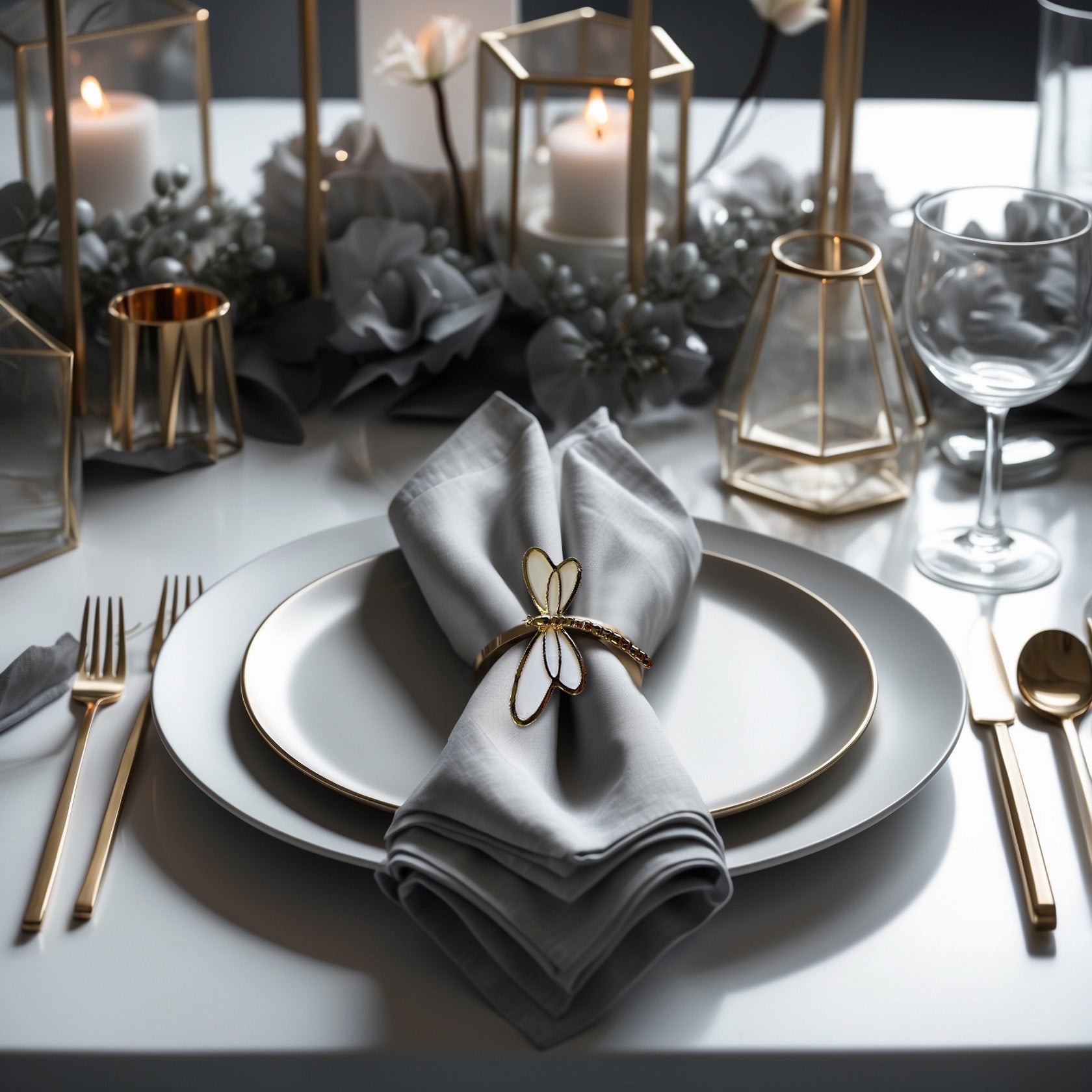Ivory Flight – Napkin Rings in Gold White Dragon Fly Design, Artistic Decorative Dining Table Accent