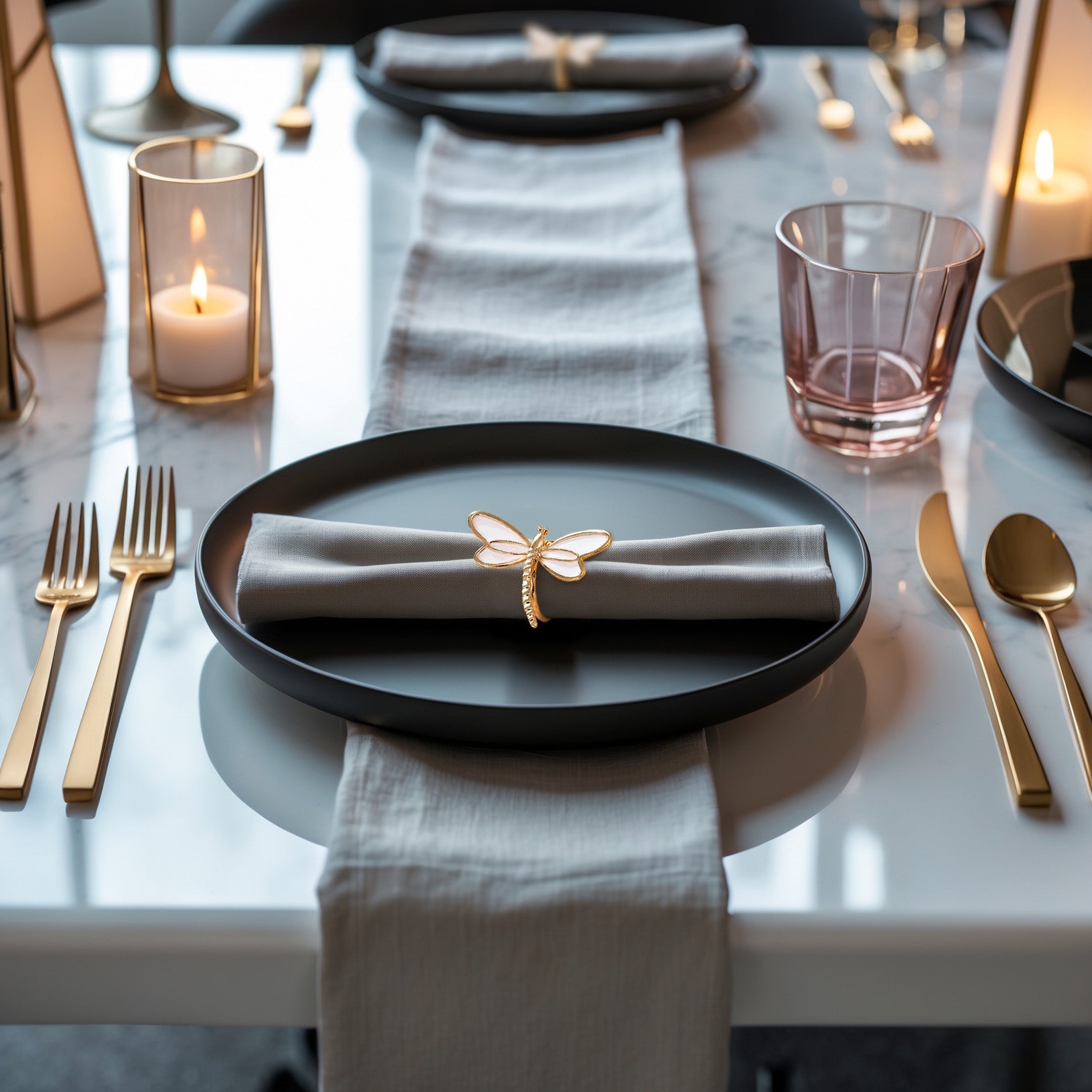 Ivory Flight – Napkin Rings in Gold White Dragon Fly Design, Artistic Decorative Dining Table Accent