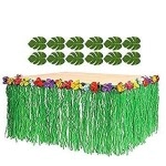 Adorox (12 Tropical leaves included) 1 Hawaiian Luau Hibiscus Green Table Skirt (9 ft)