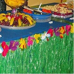 Adorox (12 Tropical leaves included) 1 Hawaiian Luau Hibiscus Green Table Skirt (9 ft)