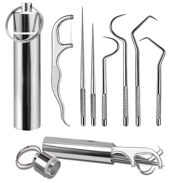 7Pcs 2 Set Portable Stainless Steel Toothpicks Pocket Set, Reusable Metal Toothpicks Cleaning Kit with Holder for Outdoor Picnic Camping Traveling