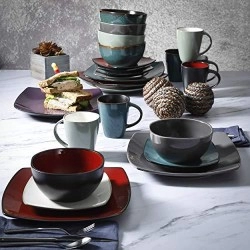 Gibson Soho Lounge 16-Piece Square Reactive Glaze Dinnerware Set, Red