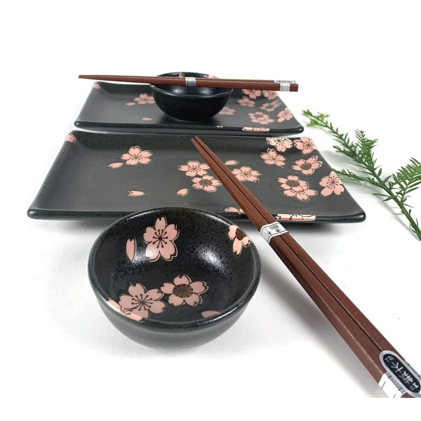 Japanbargain 4687, Japanese Sushi Set Porcelain Sushi Plates Soy Sauce Dipping Bowls And Chopsticks Gift Set, Navy Blue Sakura, Made In Japan