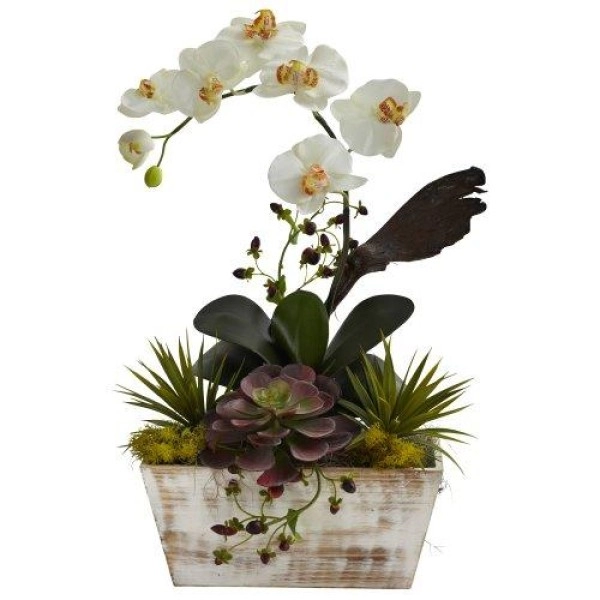 Nearly Natural 1326 Orchid And Succulent Garden With White Wash Planter, White