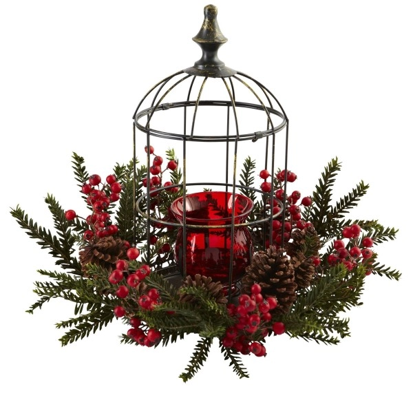 Nearly Natural 4814 Pine Berry Birdhouse Candelabrum, Red/Green/Black