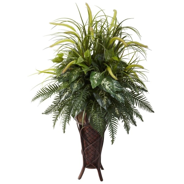 Nearly Natural 6725 Mixed Greens And Cattails Plant With Stand Planter, Green 34 X 32 X 50