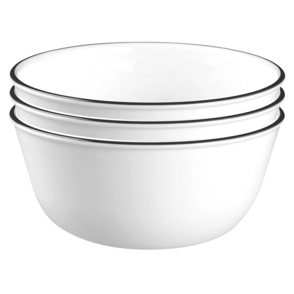 Corelle Livingware 28-Ounce Super Soup/Cereal Bowl, Classic Caf? Black Rim, 3, White