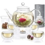 Teabloom Complete Tea Set - Teapot (40 Oz), Loose Tea Infuser, 4 Insulated Glass Teacups, Tea Warmer, And 12 Flowering Teas - Elegant Blooming Tea Gift Set