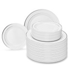 Occasions 240 Plates Pack,(120 Guests) Heavyweight Premium Wedding Party Disposable Plastic Plates Set -120 X 10.5'' Dinner + 120 X 7.5'' Salad/Dessert (White & Silver Rim)