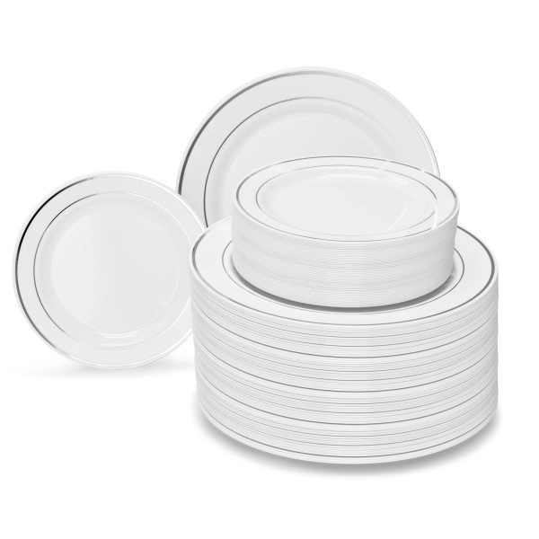 Occasions 240 Plates Pack,(120 Guests) Heavyweight Premium Wedding Party Disposable Plastic Plates Set -120 X 10.5'' Dinner + 120 X 7.5'' Salad/Dessert (White & Silver Rim)