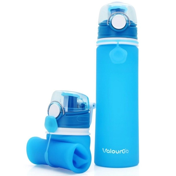 Valourgo Collapsible Water Bottle, Silicone Foldable With Leak Proof Valve Bpa Free - Blue 21 Oz