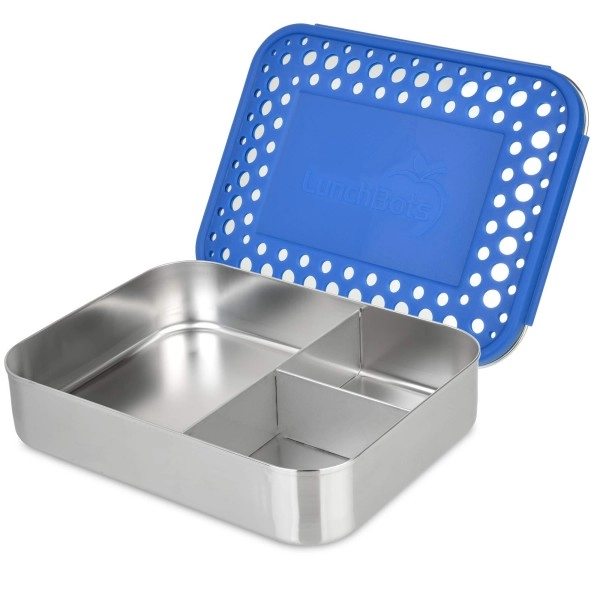 Lunchbots Large Trio Stainless Steel Lunch Container -Three Section Design For Sandwich And Two Sides - Metal Bento Lunch Box - Eco-Friendly - Stainless Lid - Blue Dots