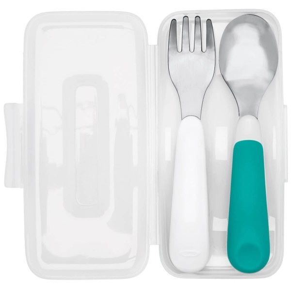 Oxo Tot On-The-Go Fork And Spoon Set, Stainless Steel, Tpr, Plastic - Teal